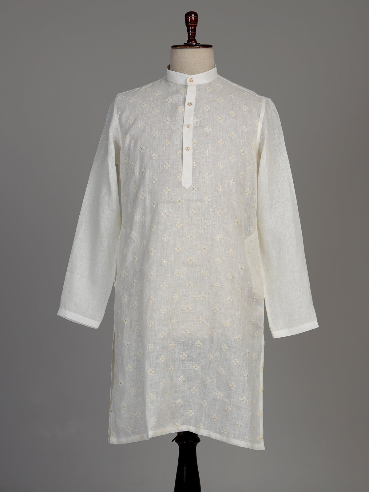 Cream cotton linen kurta suit with floral Chikankari embroidery for mens