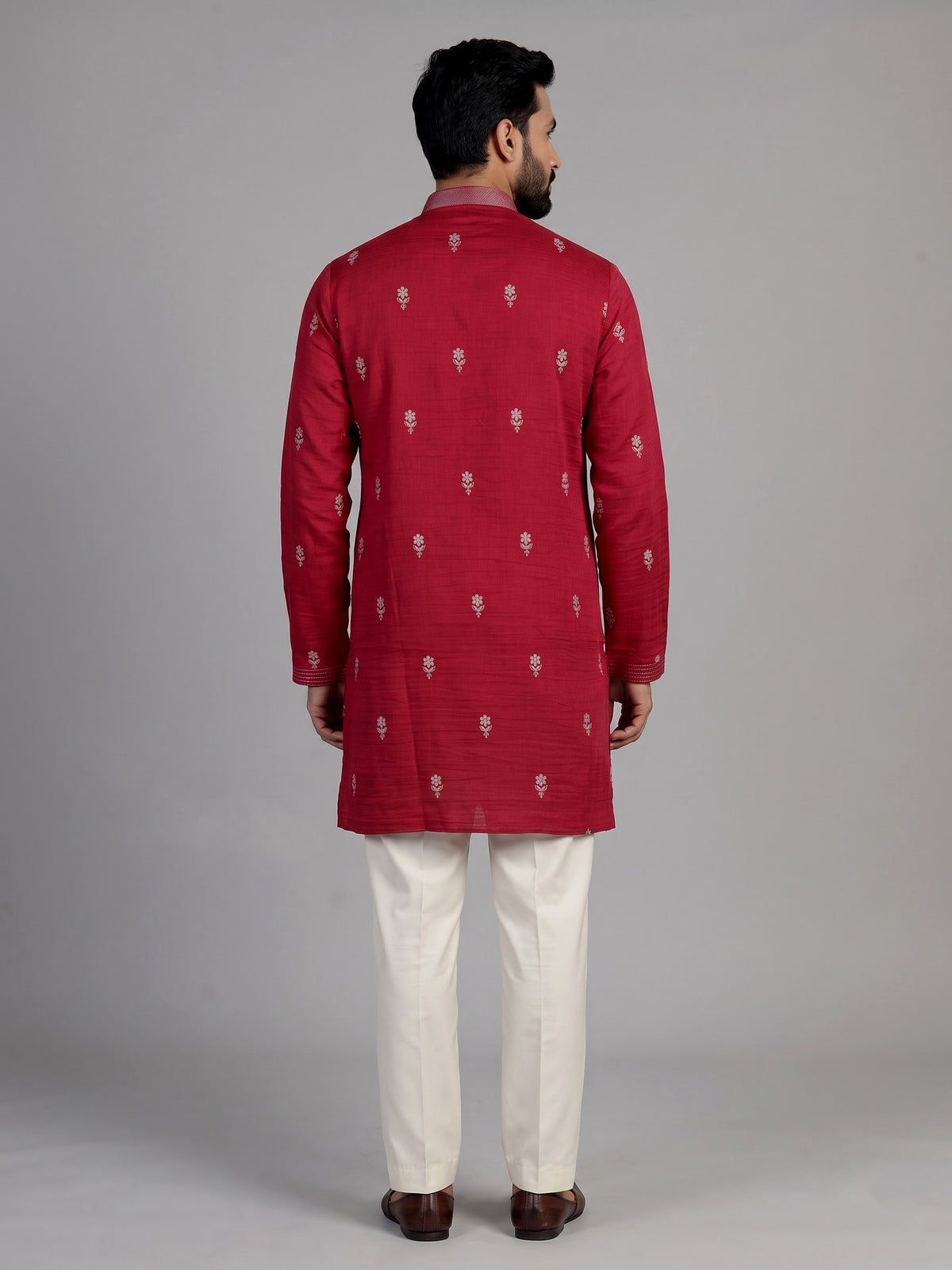 Maroon silk kurta suit with intricate floral embroidery for mens