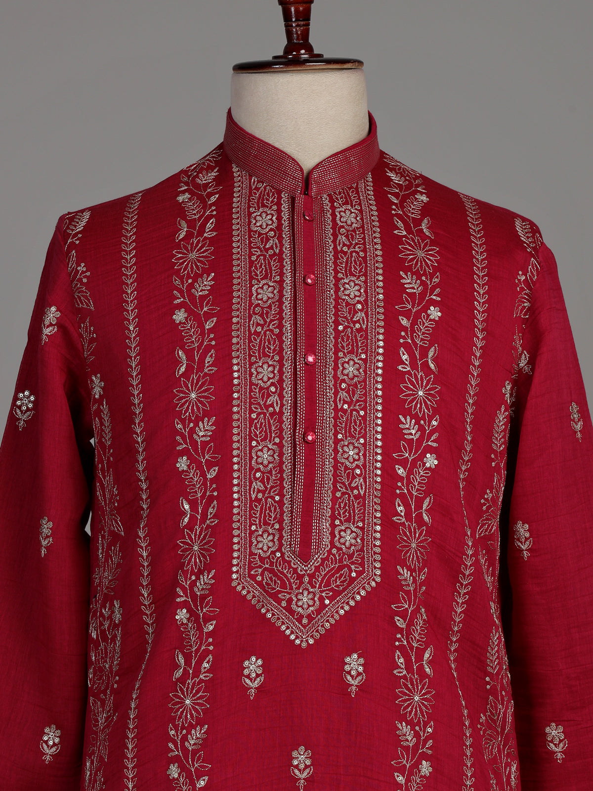 Maroon silk kurta suit with intricate floral embroidery for mens