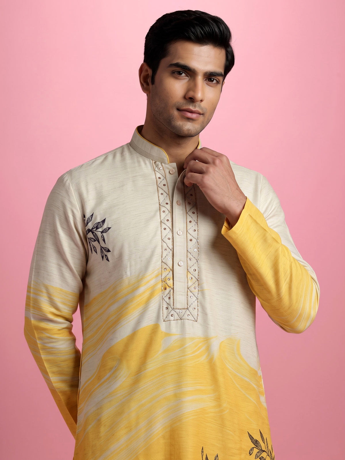 Yellow and off-white silk kurta suit with botanical prints for mens