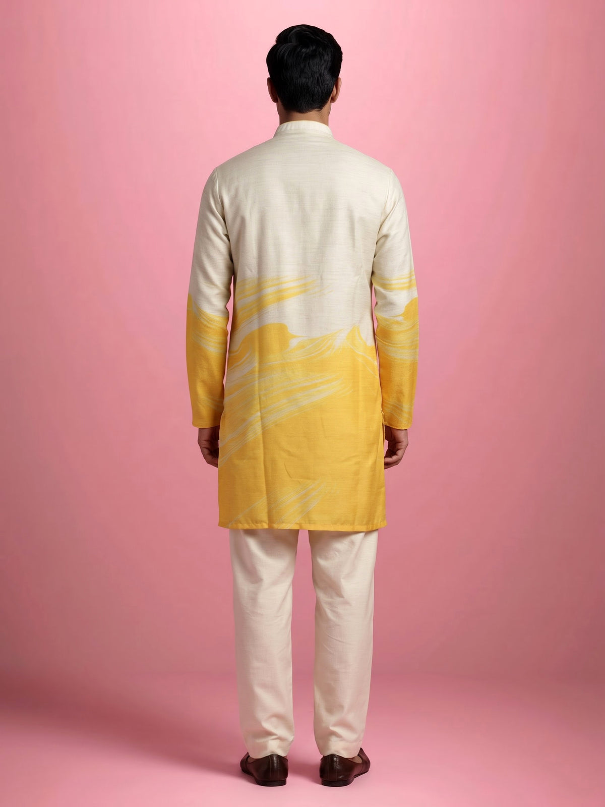 Yellow and off-white silk kurta suit with botanical prints for mens