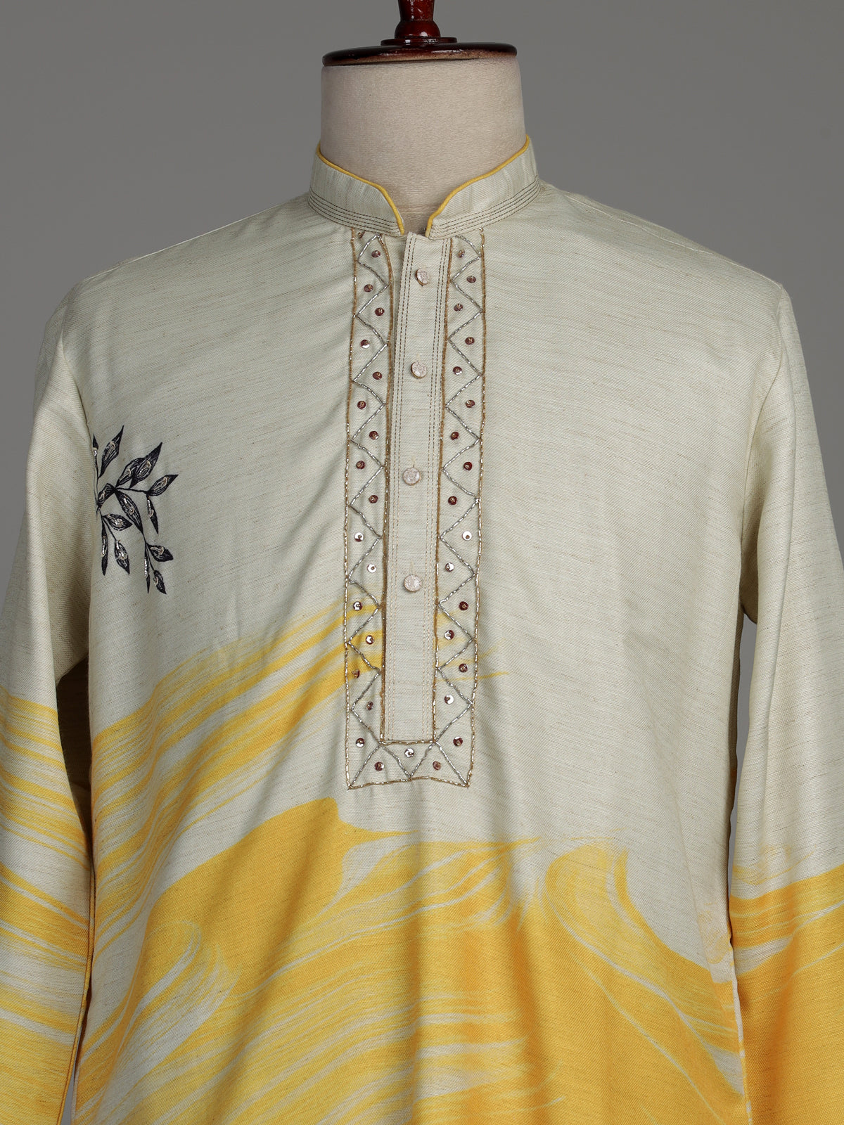 Yellow and off-white silk kurta suit with botanical prints for mens