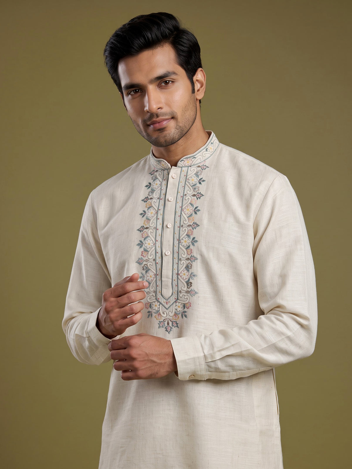Cream cotton linen kurta suit with pastel embroidered yoke for mens