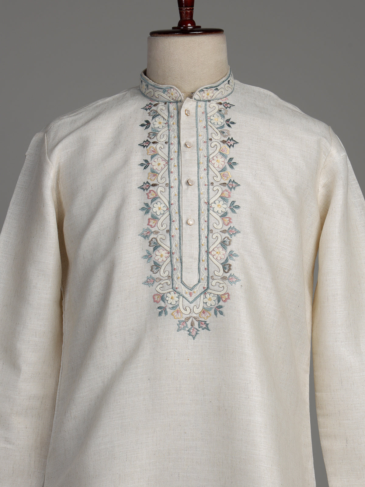 Cream cotton linen kurta suit with pastel embroidered yoke for mens
