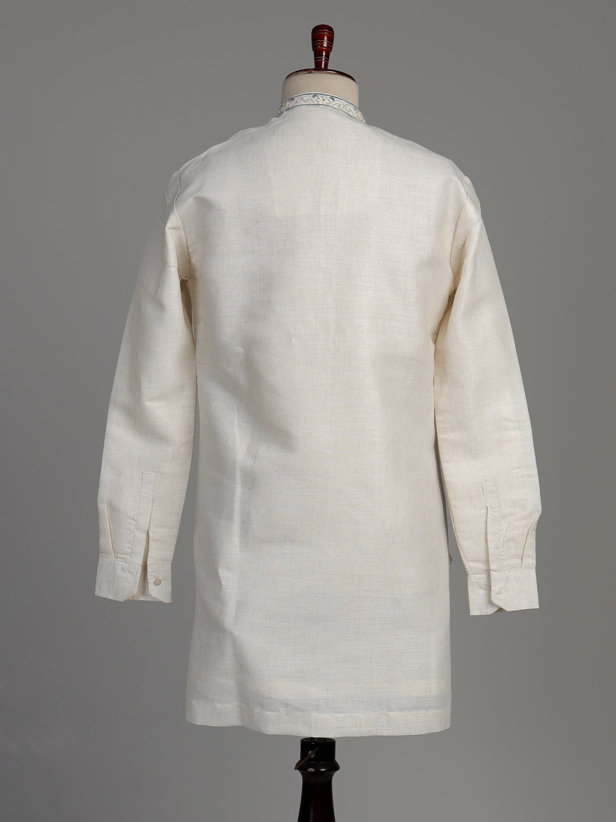 Cream cotton linen kurta suit with pastel embroidered yoke for mens