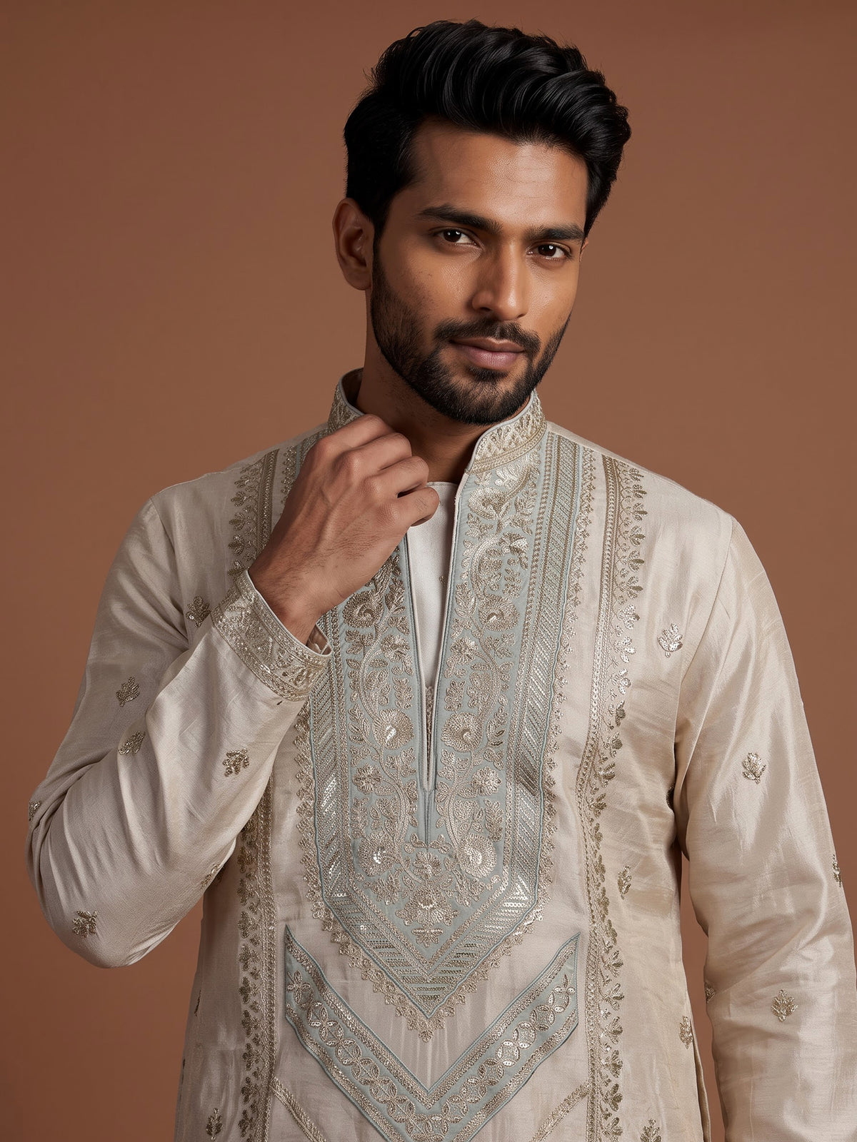 Beige silk kurta suit with chevron embroidery detailing for mens