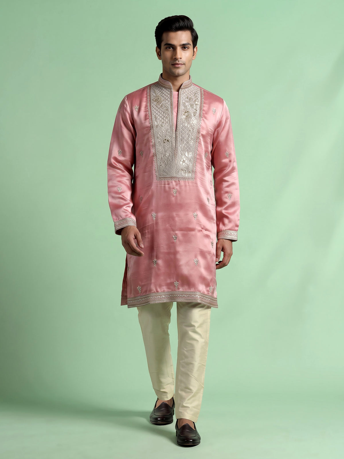 Pastel pink Dupion silk kurta suit with heavy zardozi embellishments for mens