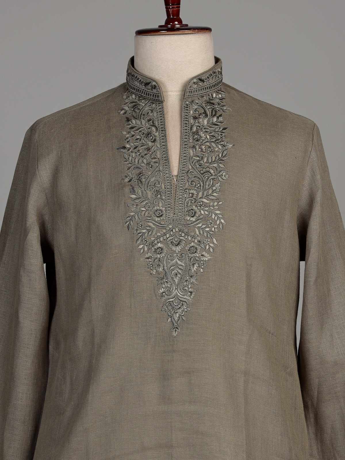 Olive cotton silk kurta suit with silver gunmetal embroidery for mens