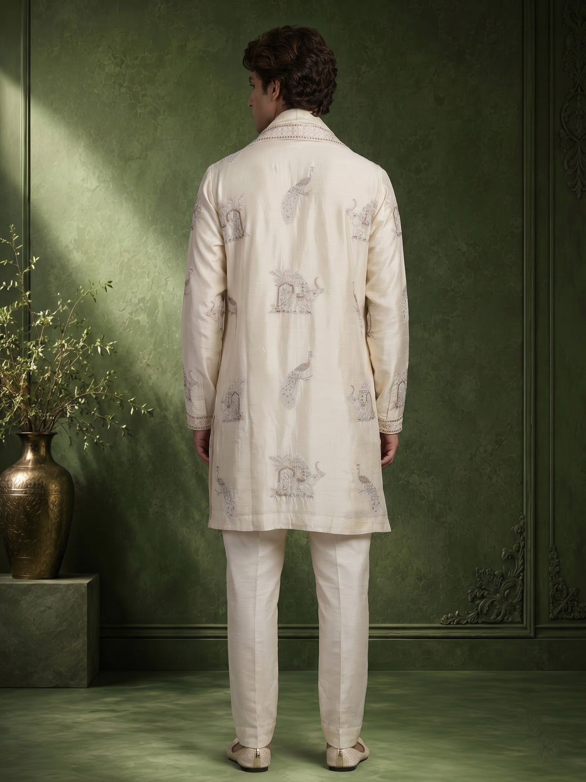 Cream raw silk kurta suit with royal peacock and elephant embroidery for mens