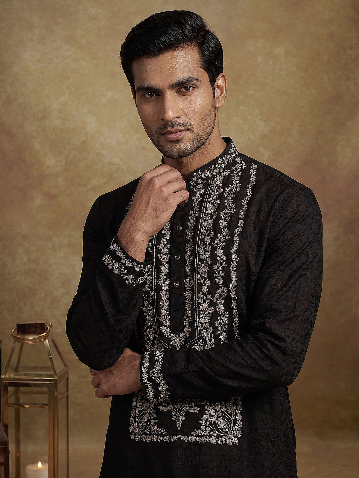 Dark brown dupion silk blend kurta suit with floral zardosi embroidery for mens