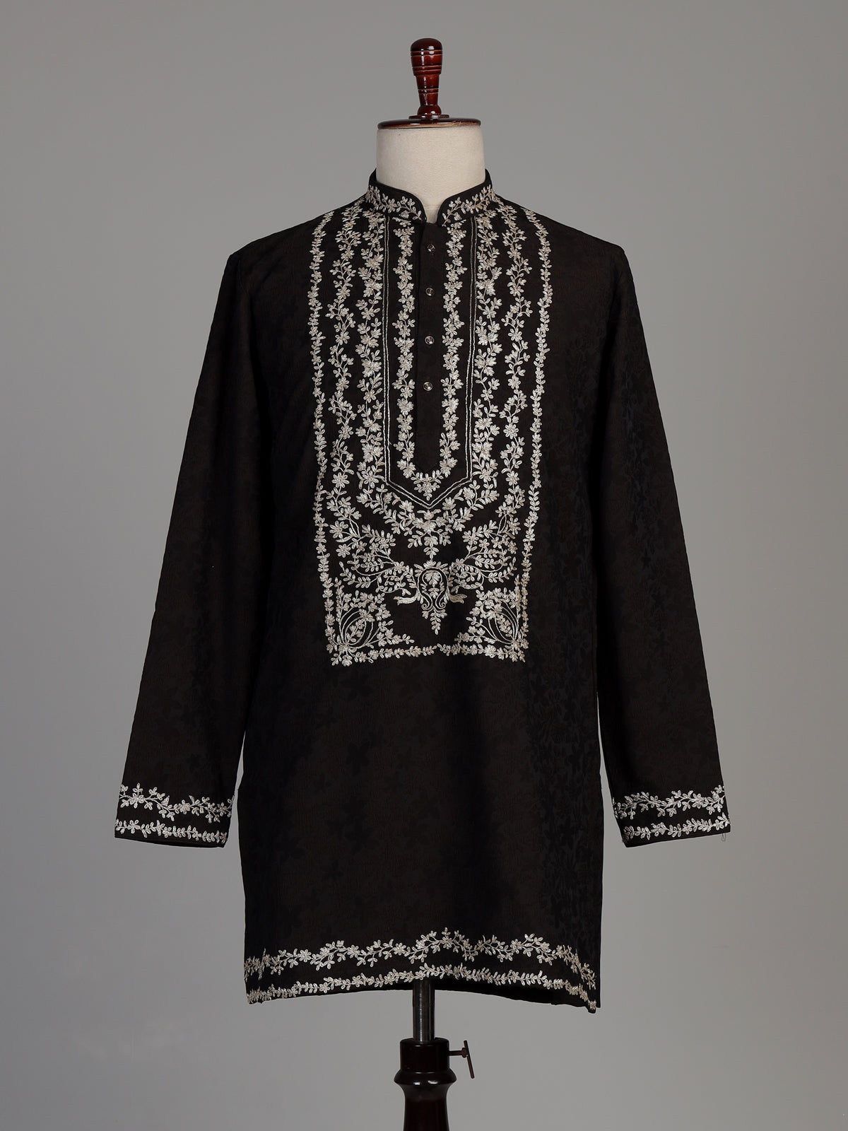 Dark brown dupion silk blend kurta suit with floral zardosi embroidery for mens