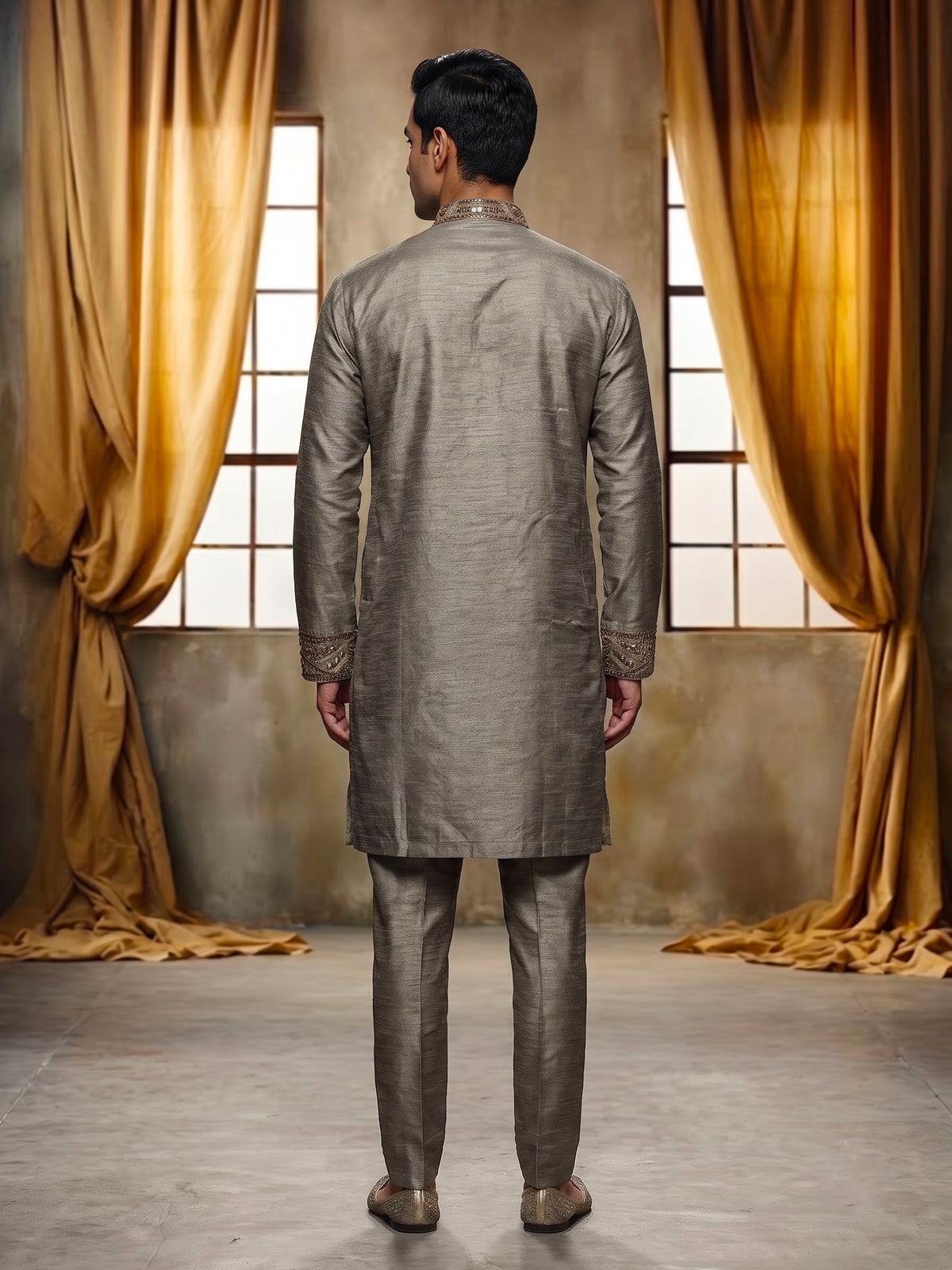 Pastel grey tusser silk kurta suit with antique gold geometric embroidery for mens