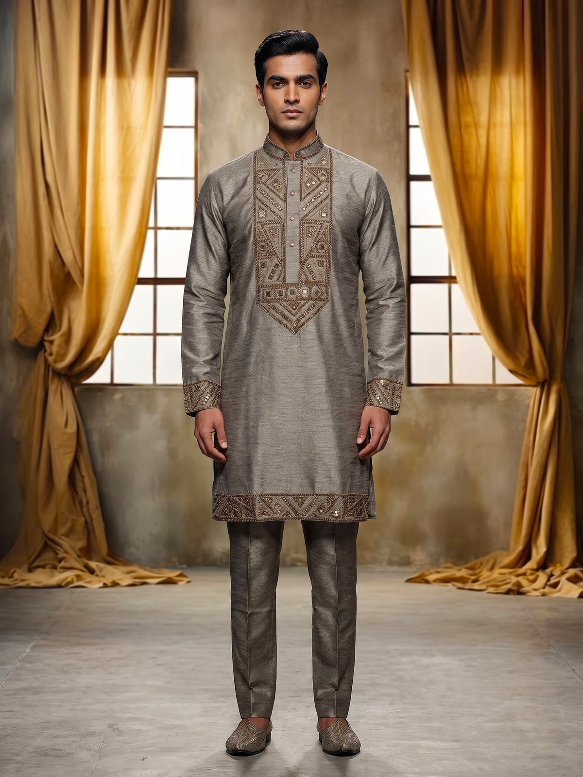 Pastel grey tusser silk kurta suit with antique gold geometric embroidery for mens