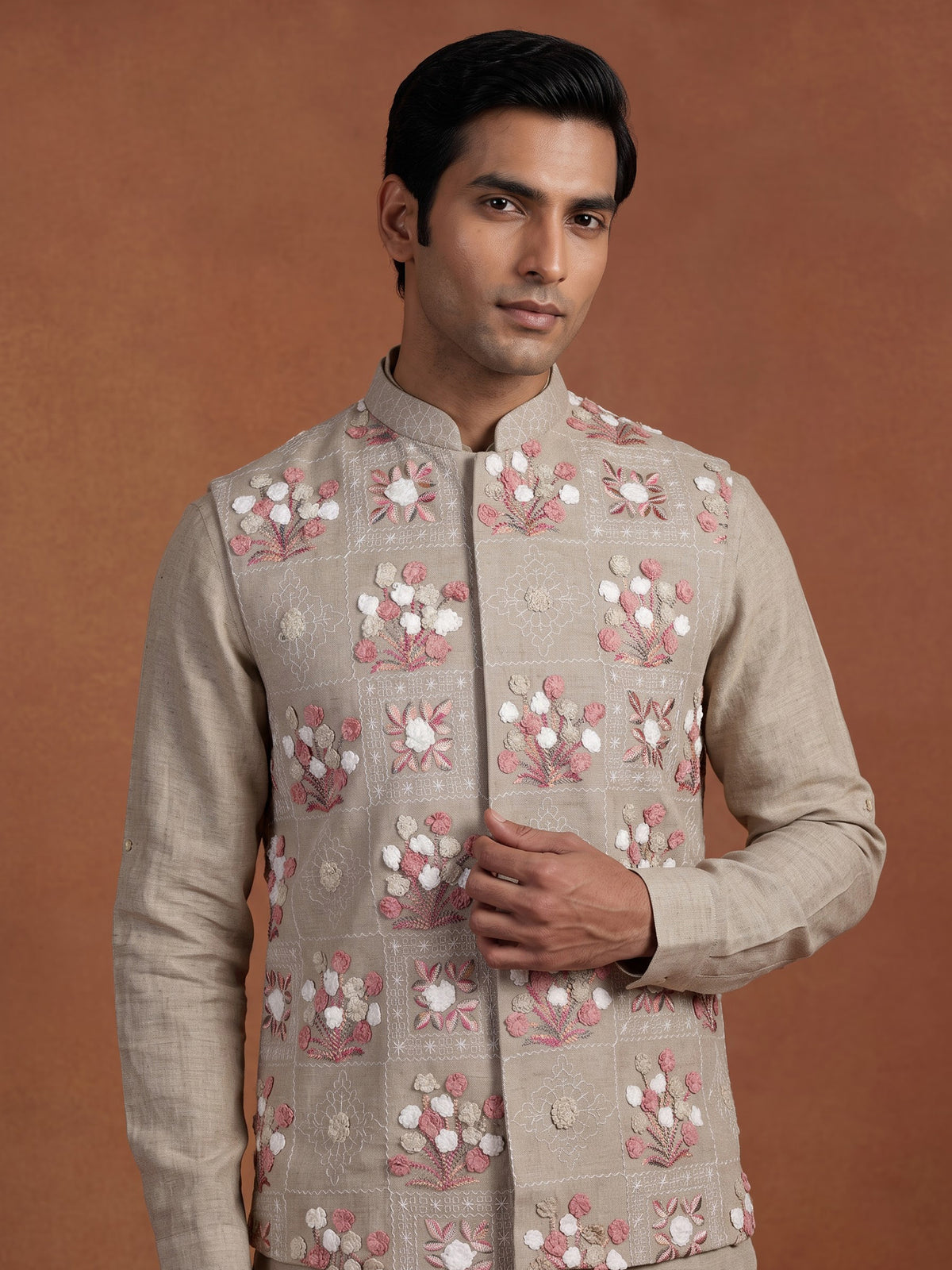 Beige linen silk waistcoat suit with multicoloured floral thread for mens