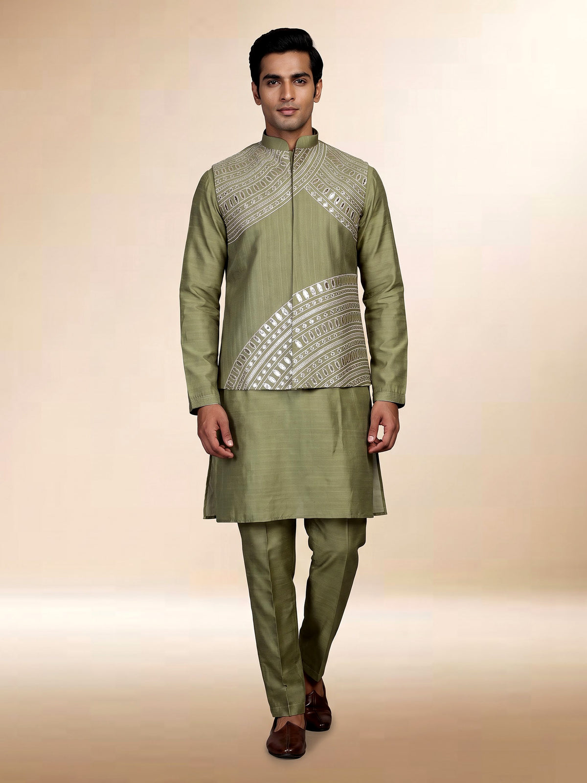 Mehendi green tussar silk waistcoat suit with asymmetric silver embroidery for mens