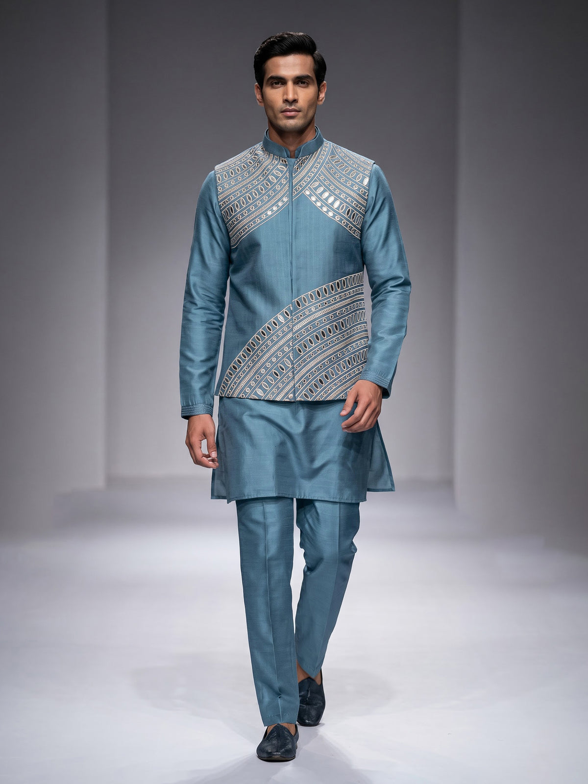 Slate blue tussar silk waistcoat suit with silver aabla embroidery for mens