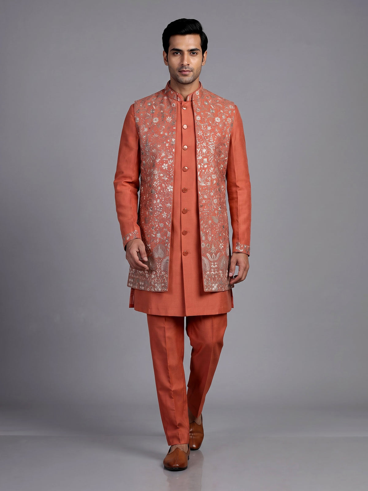 Coral peach matka silk waistcoat suit with silver architectural embroidery for mens
