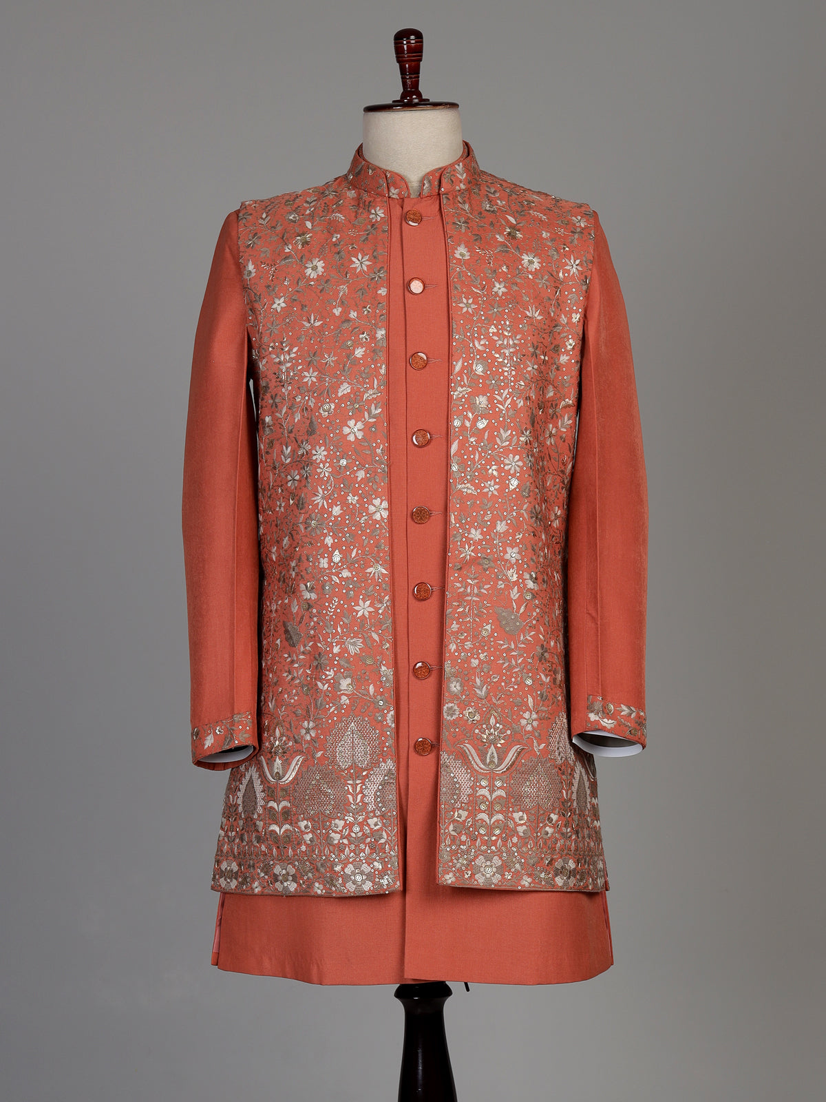Coral peach matka silk waistcoat suit with silver architectural embroidery for mens