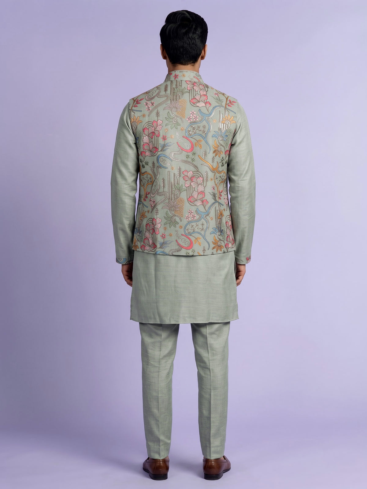 Pistachio green textured dupion silk waistcoat suit with embroidery for mens
