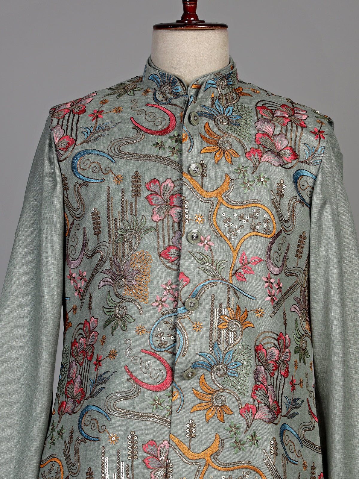 Pistachio green textured dupion silk waistcoat suit with embroidery for mens