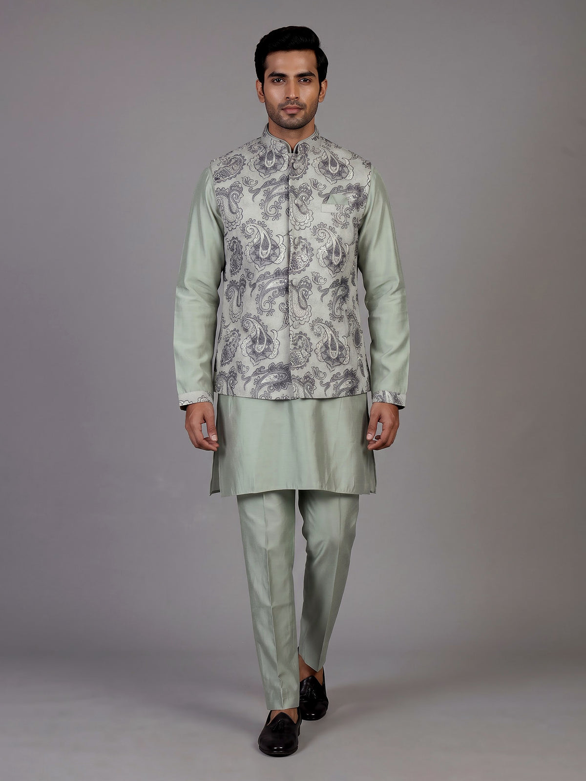 Pista green jacquard silk waistcoat suit with paisley sequins for mens