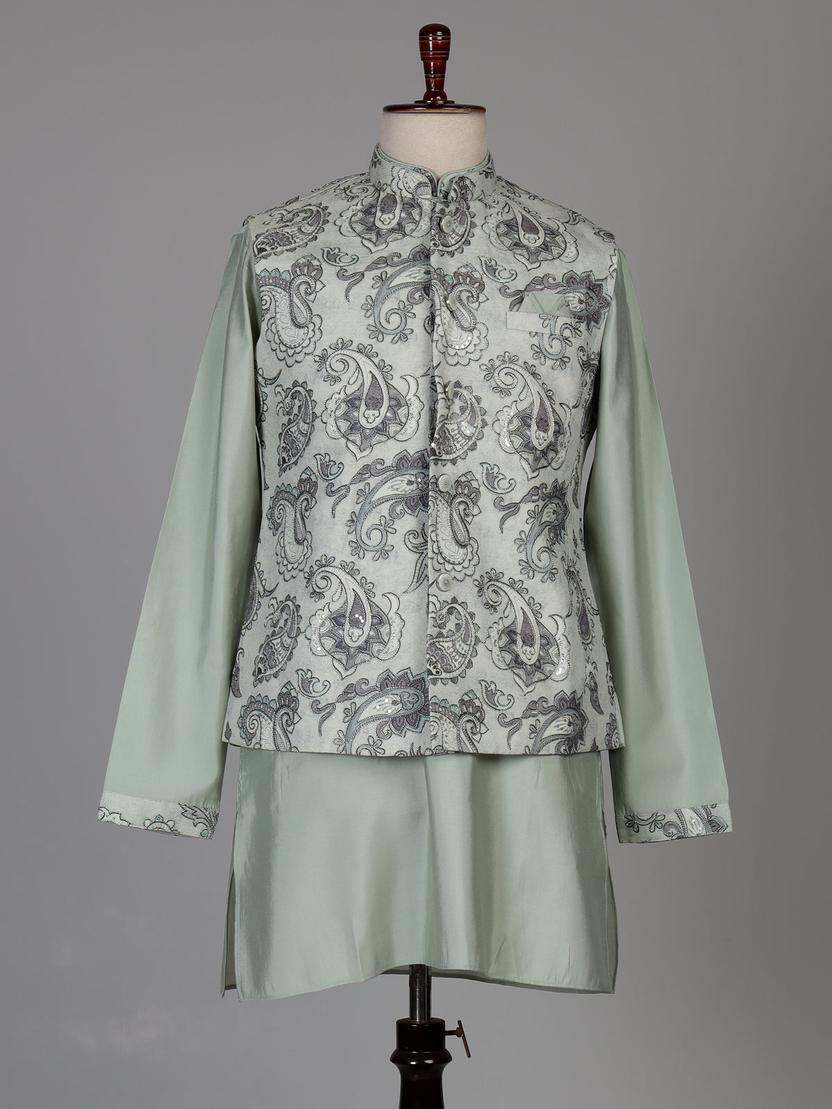 Pista green jacquard silk waistcoat suit with paisley sequins for mens