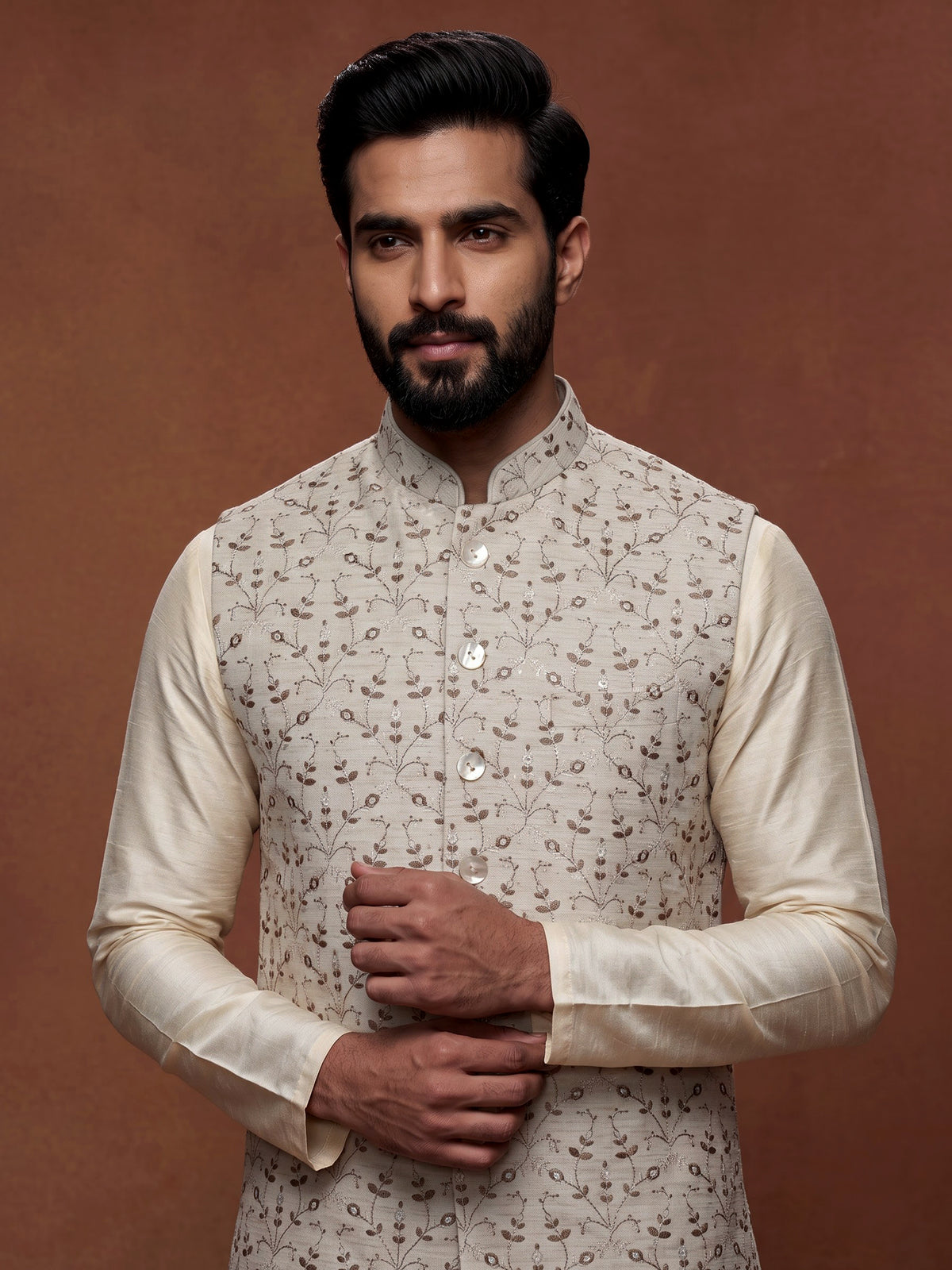 Off-white cotton silk waistcoat with elegant embroidered detailing for mens