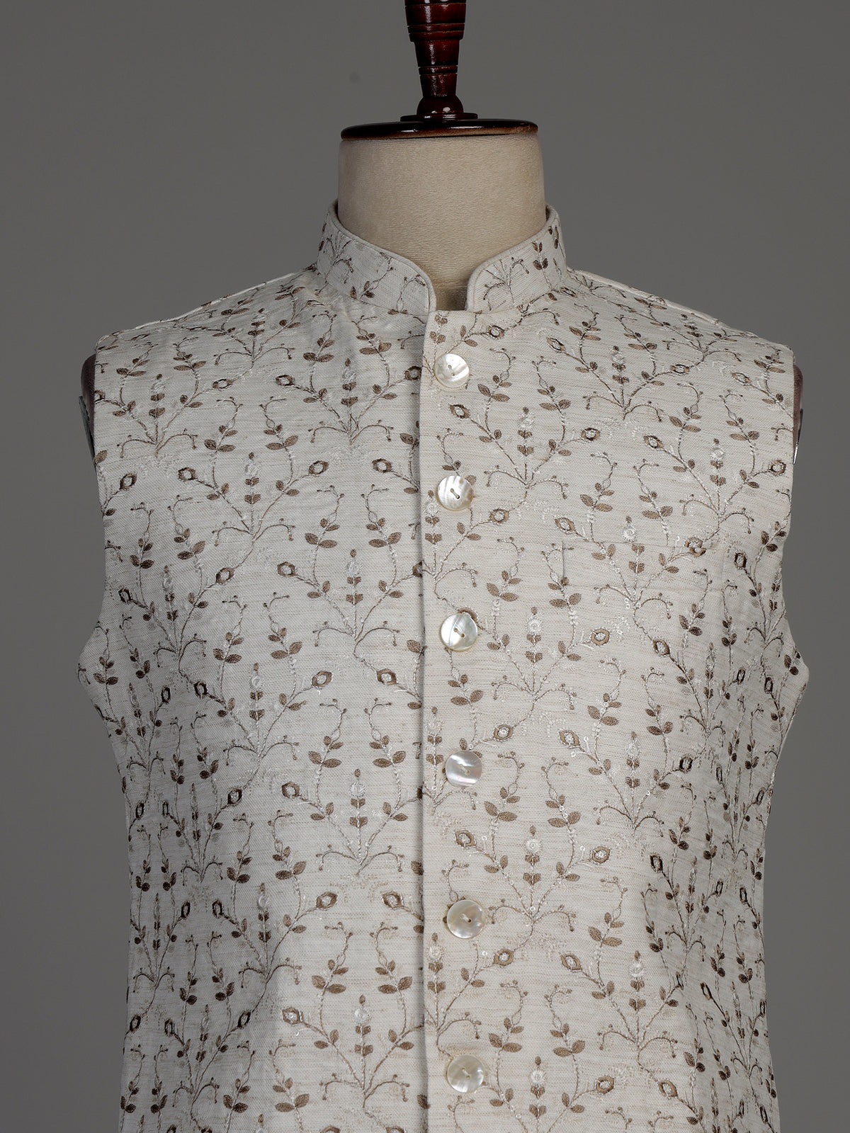 Off-white cotton silk waistcoat with elegant embroidered detailing for mens