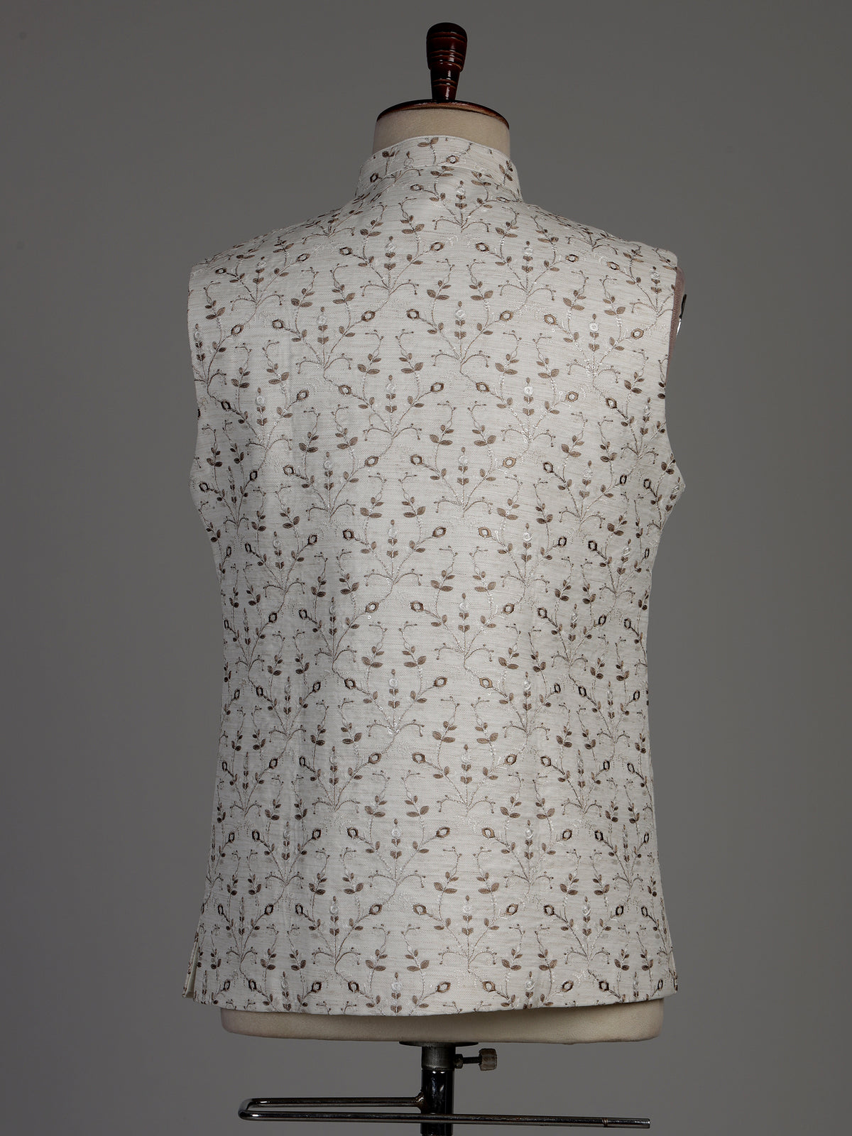 Off-white cotton silk waistcoat with elegant embroidered detailing for mens