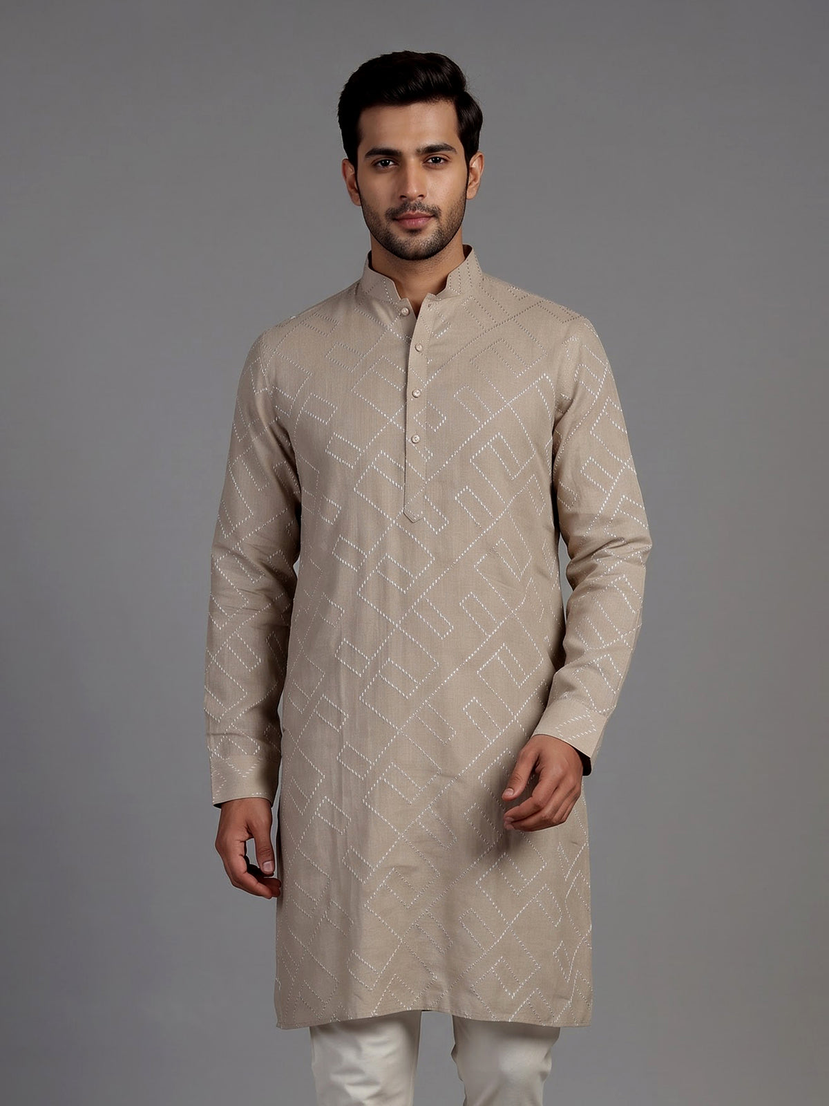 Beige cotton chinese collar kurta with elegant textured for mens