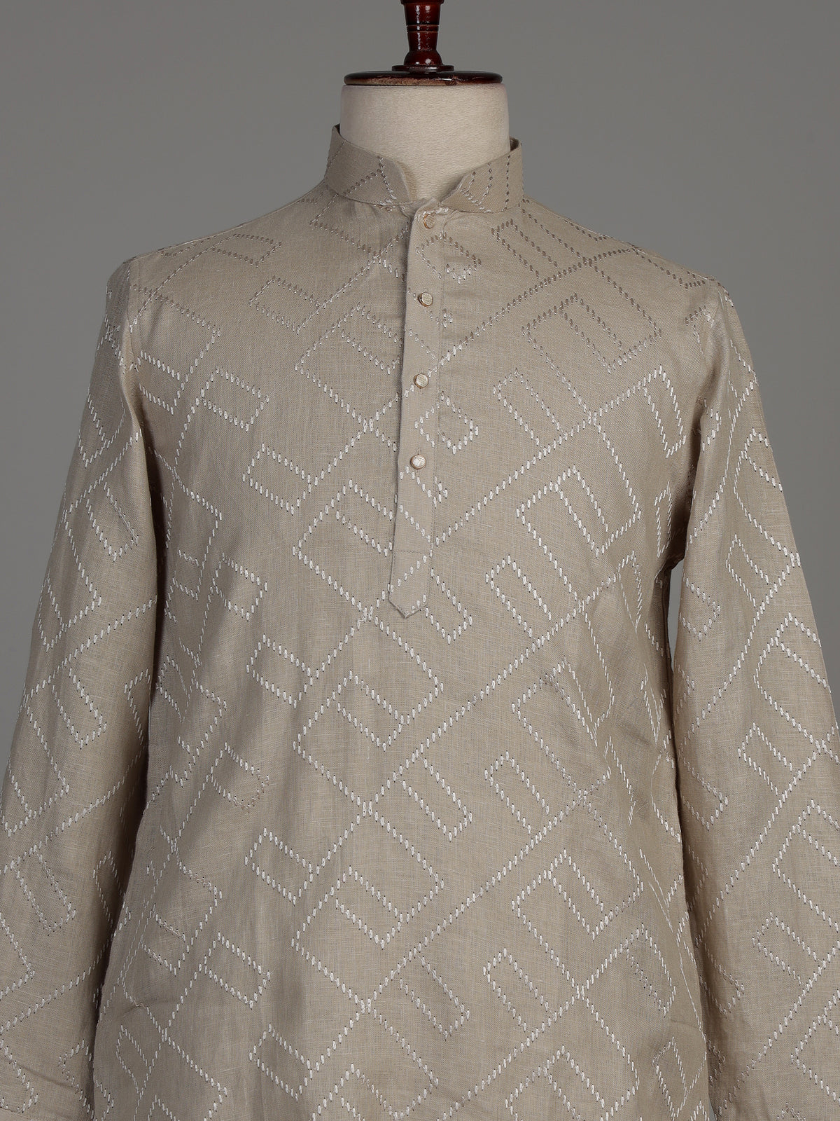 Beige cotton chinese collar kurta with elegant textured for mens