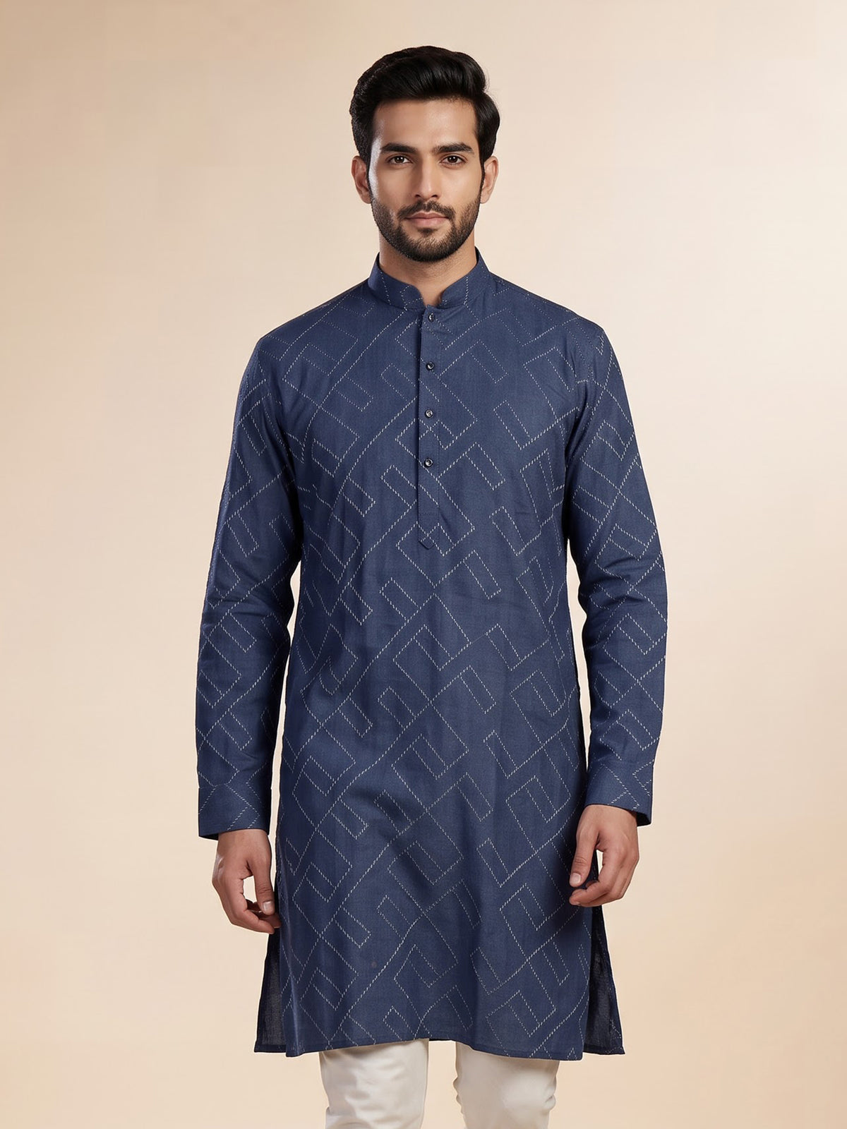 Classic blue cotton chinese collar kurta for mens