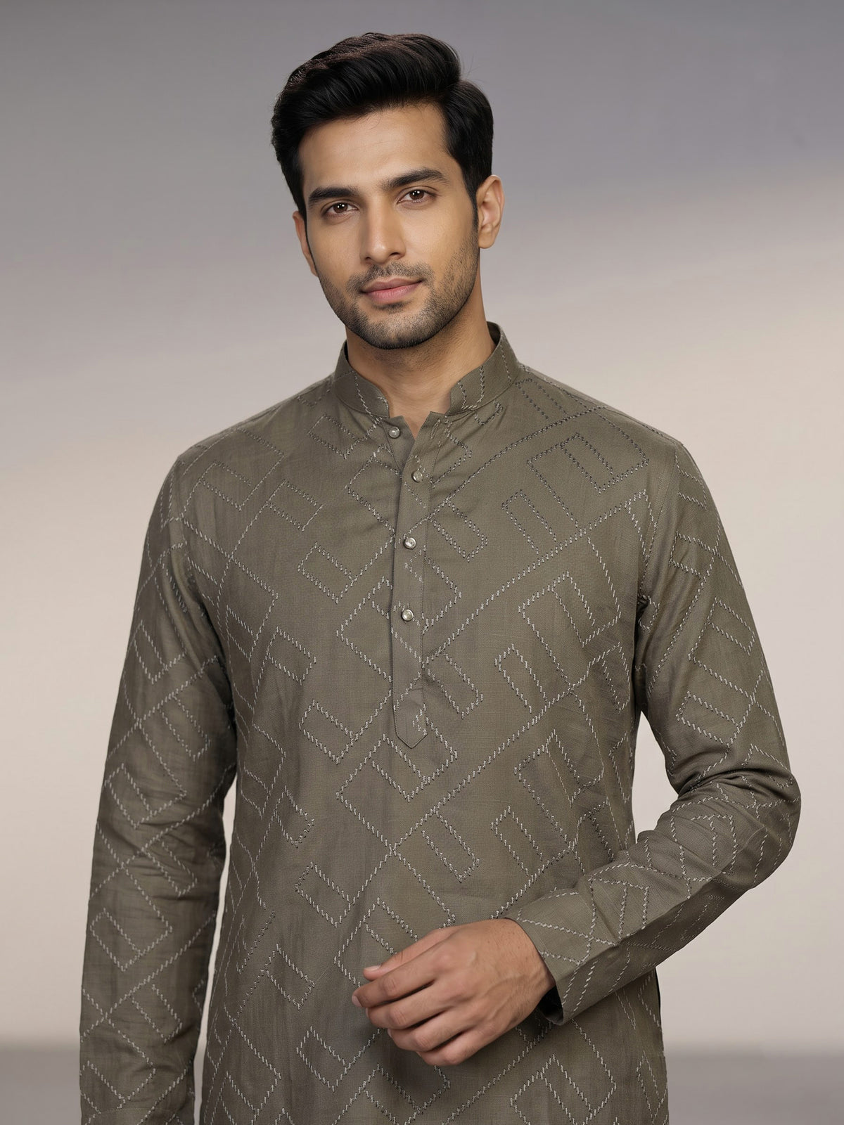 Sage green cotton chinese collar kurta for mens