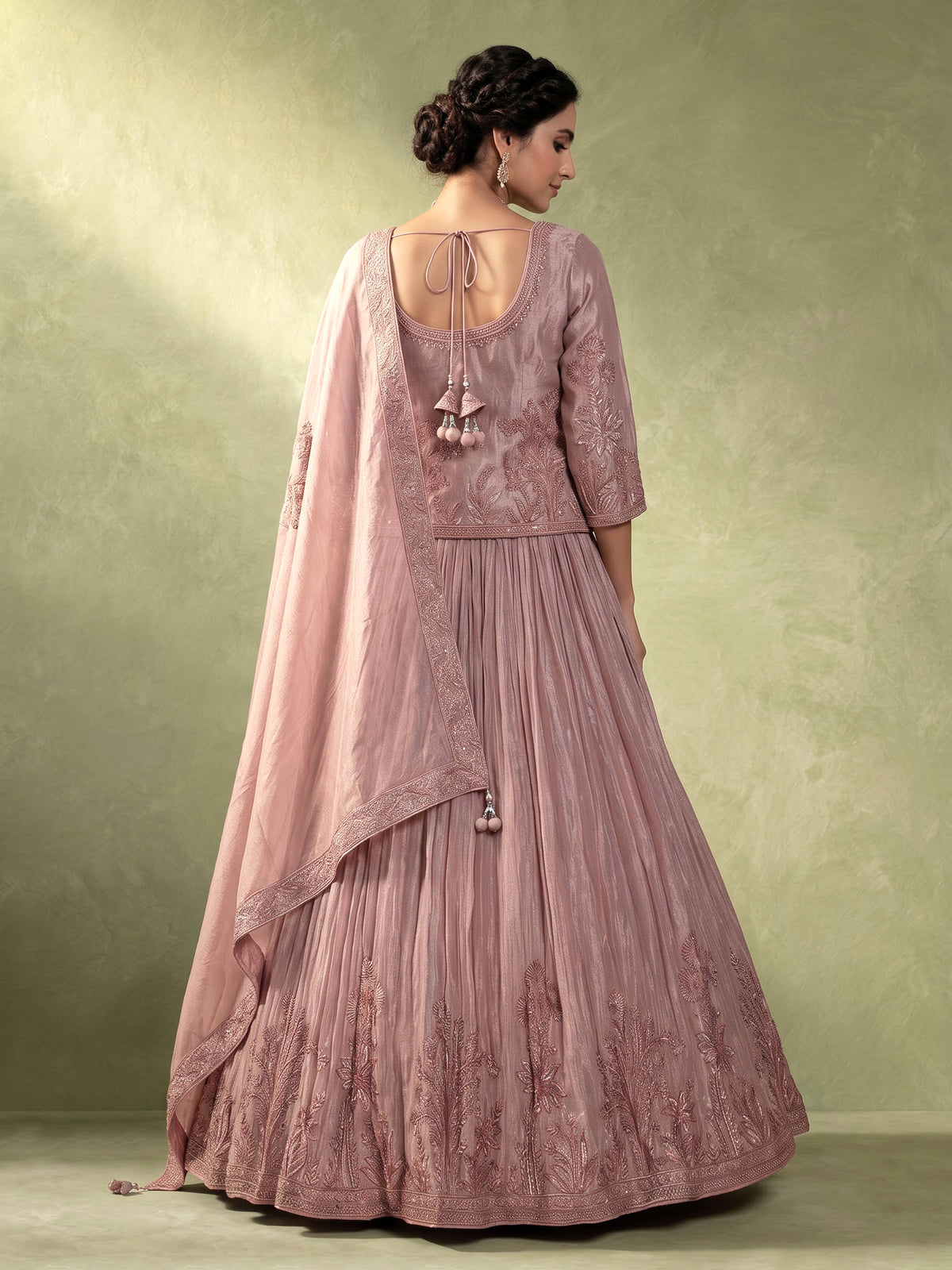 Dusty mauve pink tissue silk lehenga choli