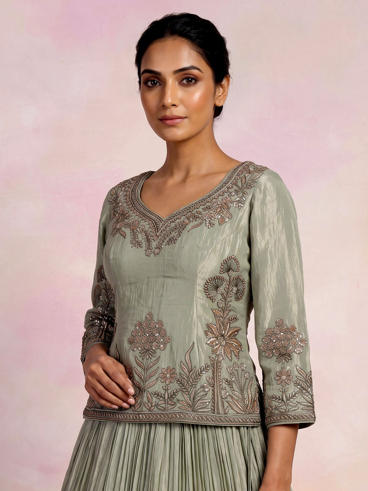 Sage green tissue silk lehenga choli with rajasthani style choli