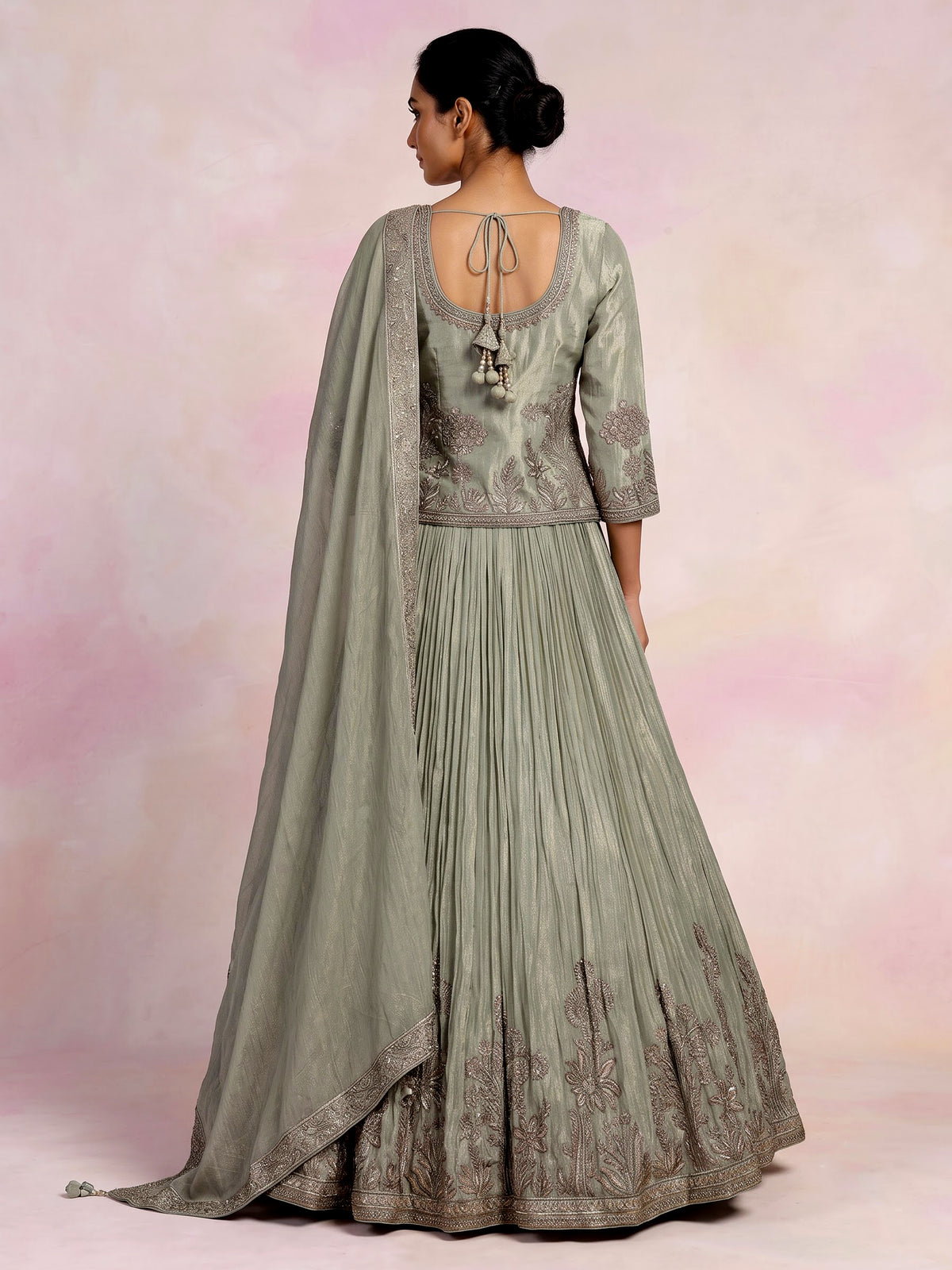 Sage green tissue silk lehenga choli with rajasthani style choli