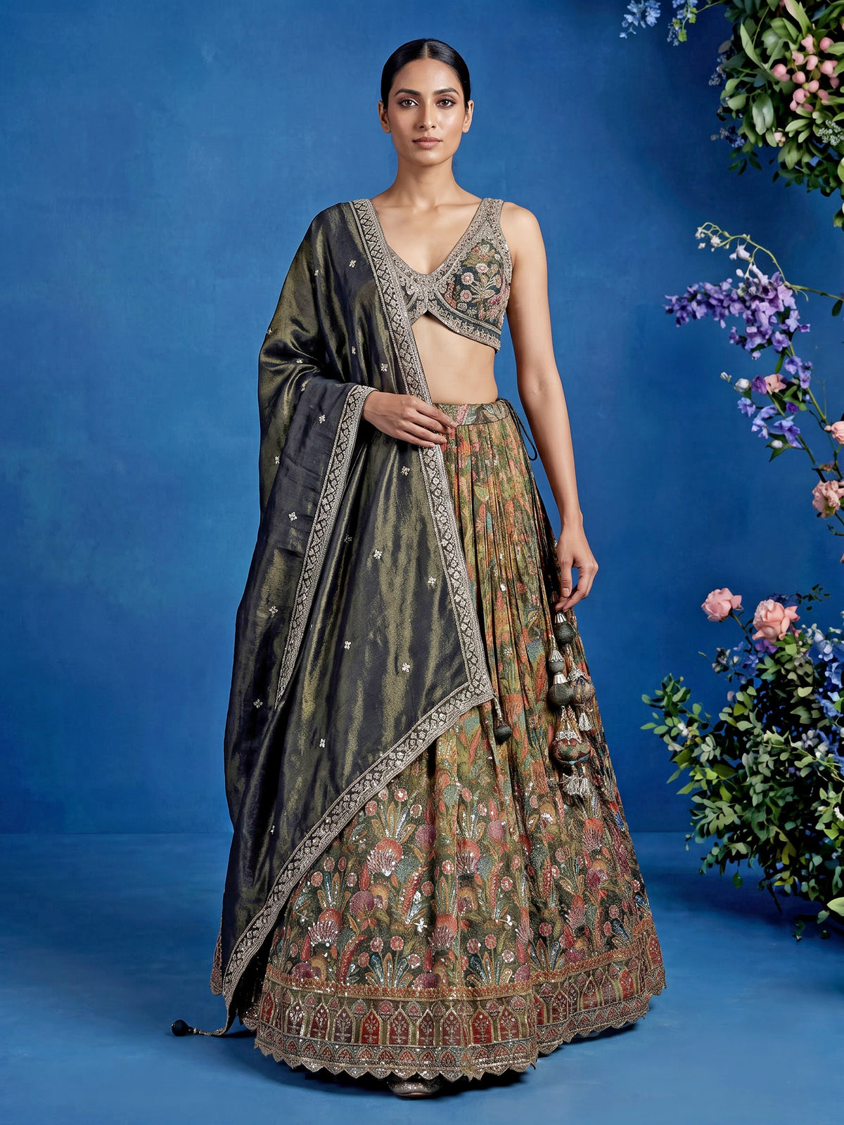 Mehendi green silk floral printed lehenga choli