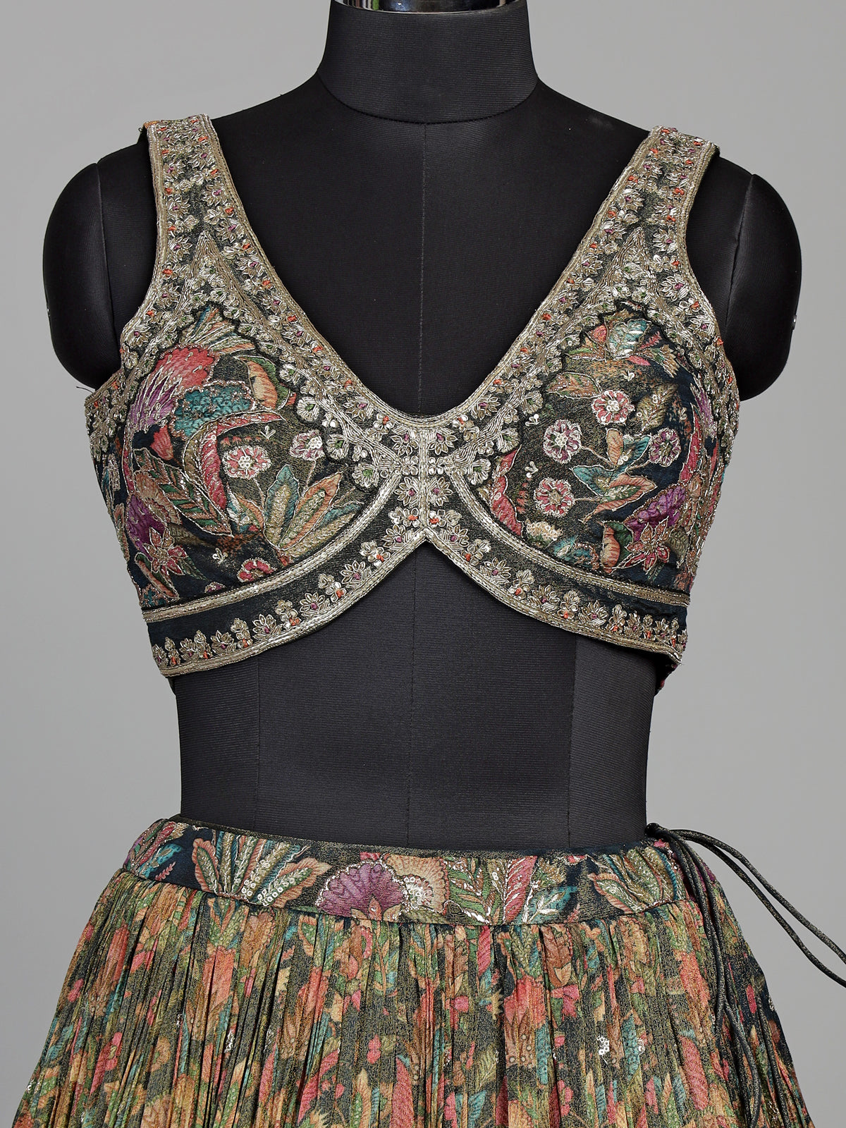 Mehendi green silk floral printed lehenga choli