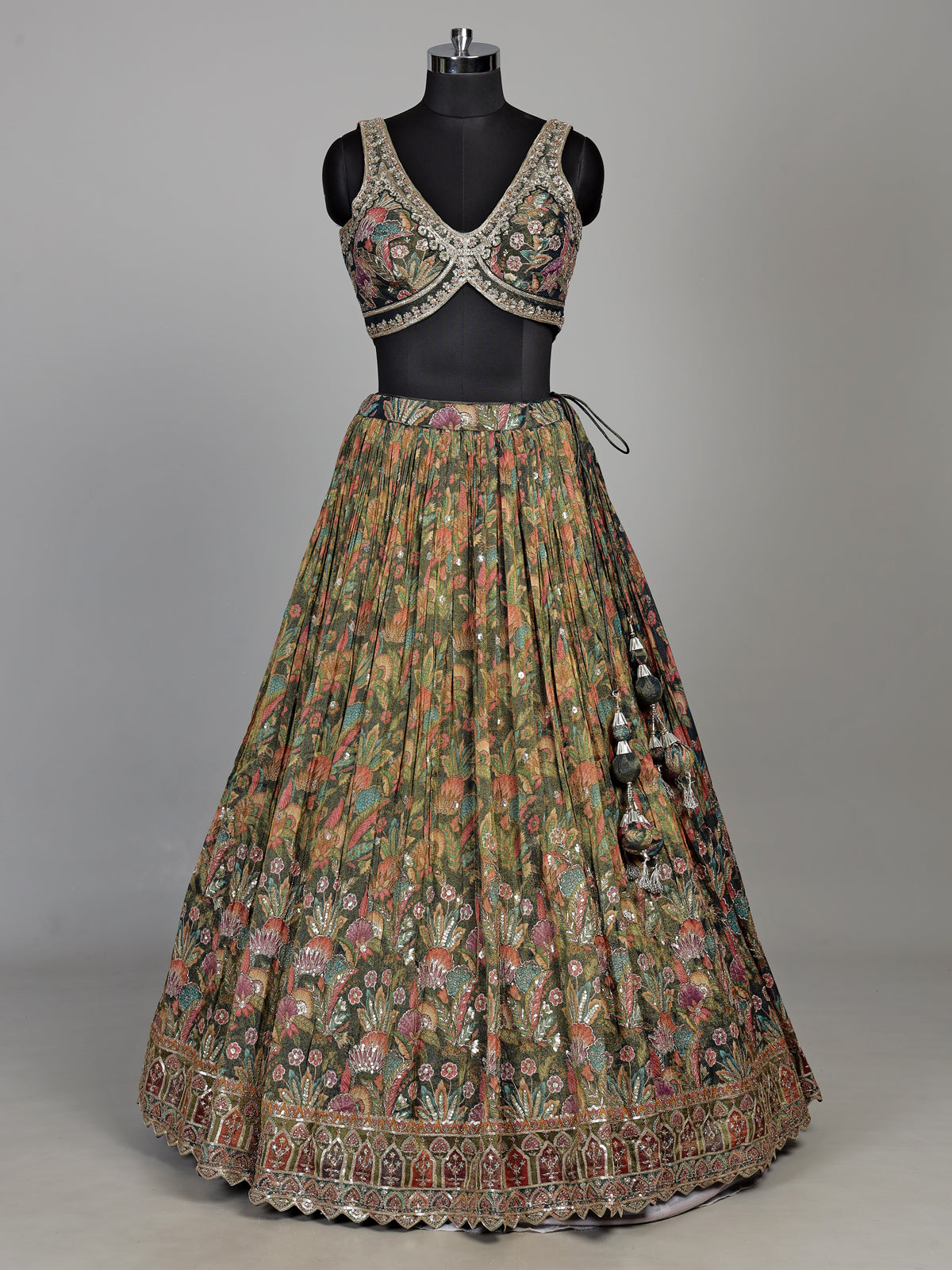Mehendi green silk floral printed lehenga choli