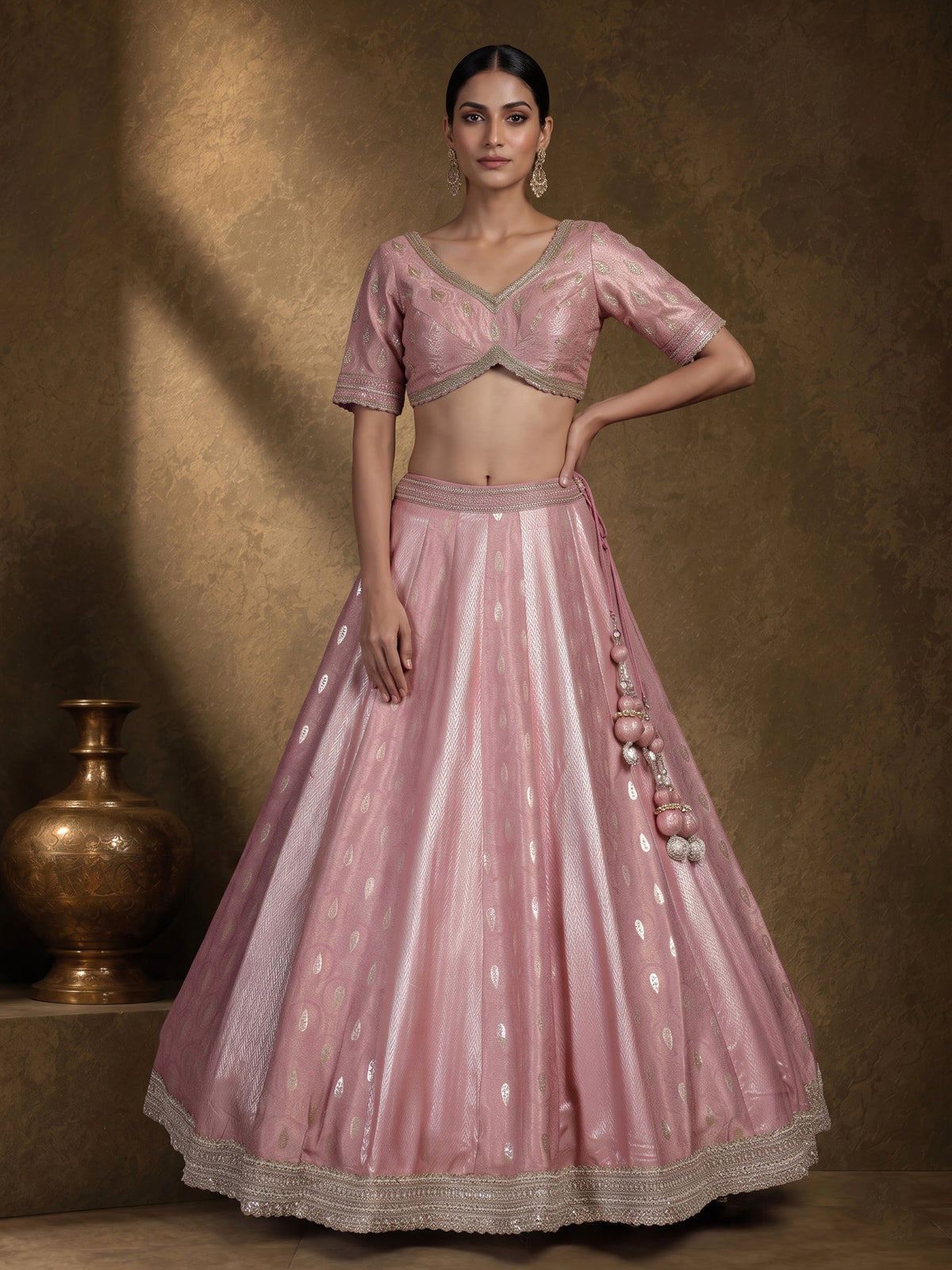 Pink banarasi silk lehenga choli with luxurious zari and pearl embellishments