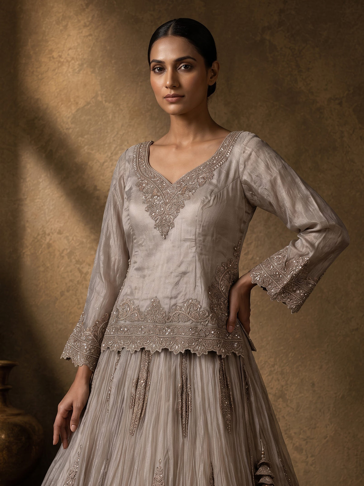 Pastel grey tissue silk lehenga choli with cutdana and stone work