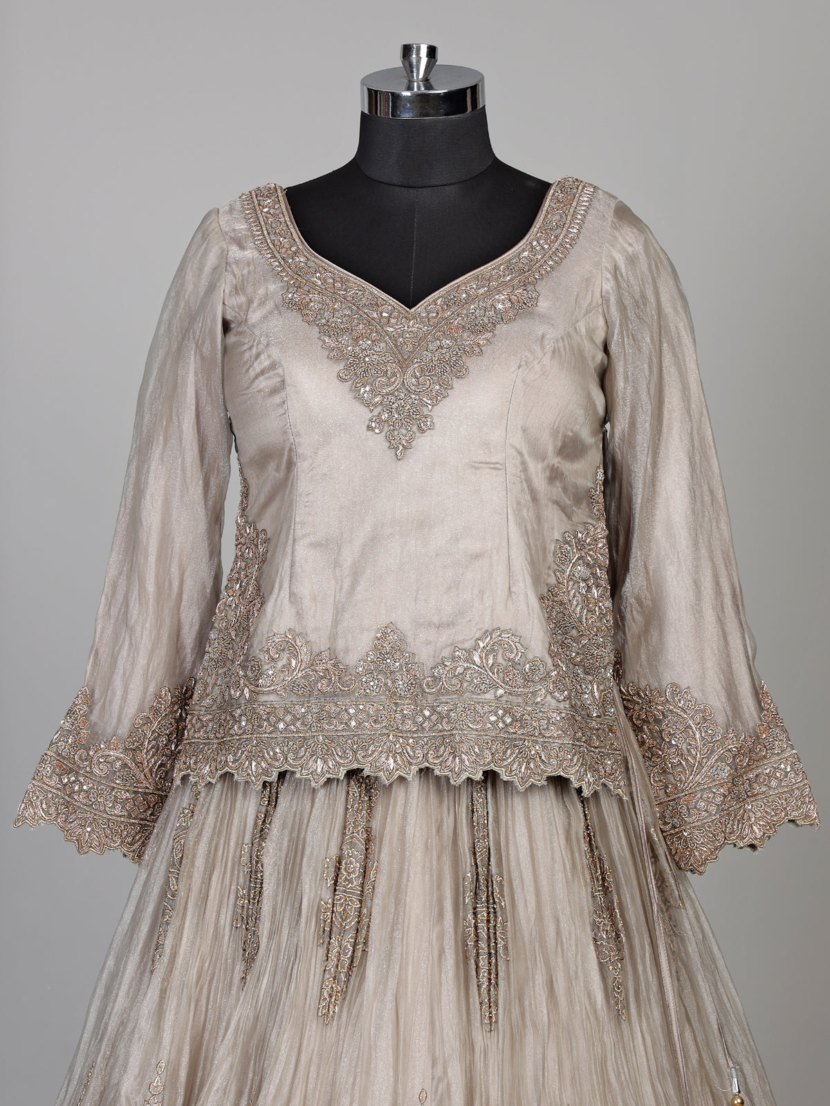 Pastel grey tissue silk lehenga choli with cutdana and stone work