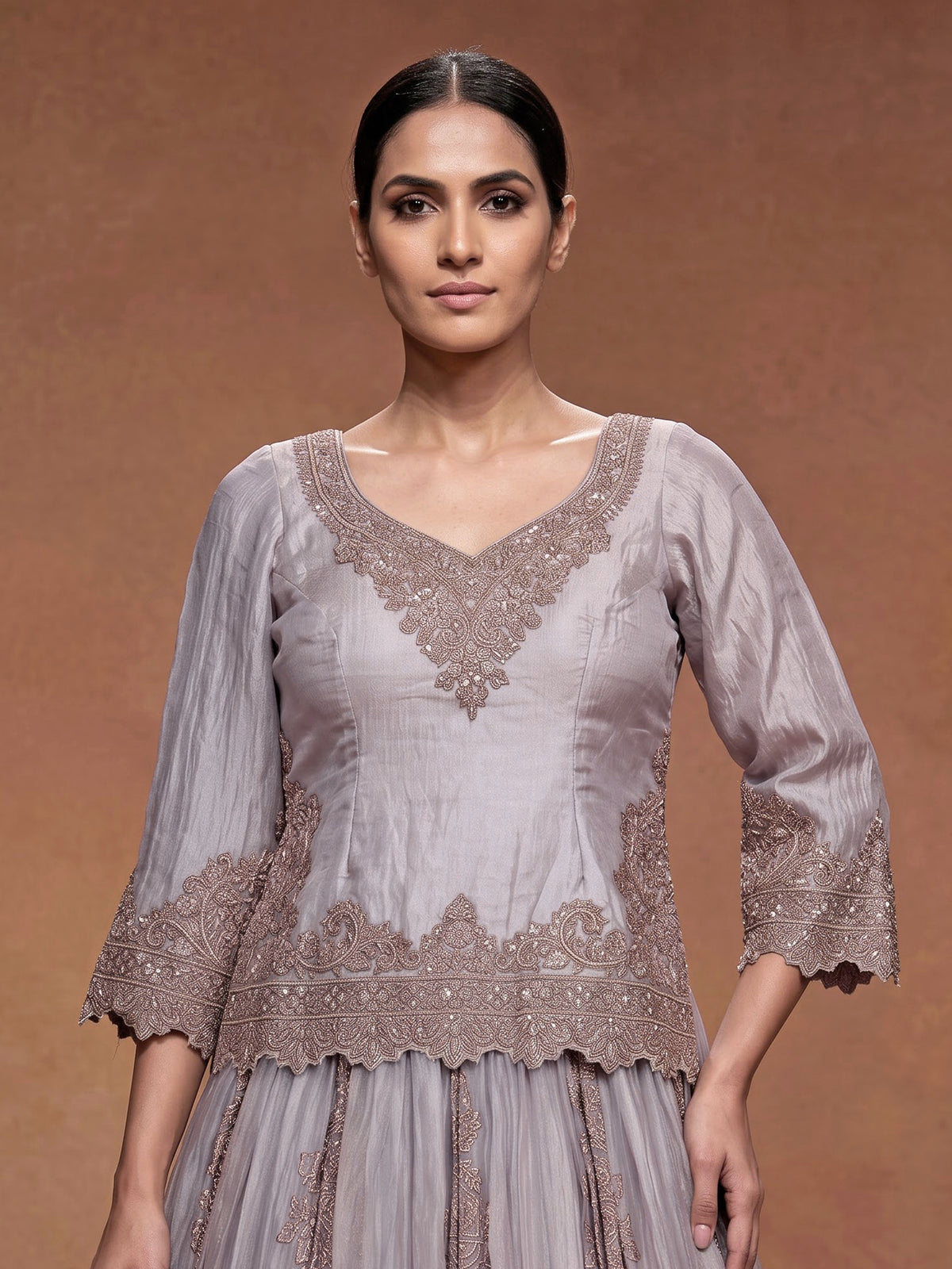 Lilac purple tissue silk lehenga choli with ornate zardosi work