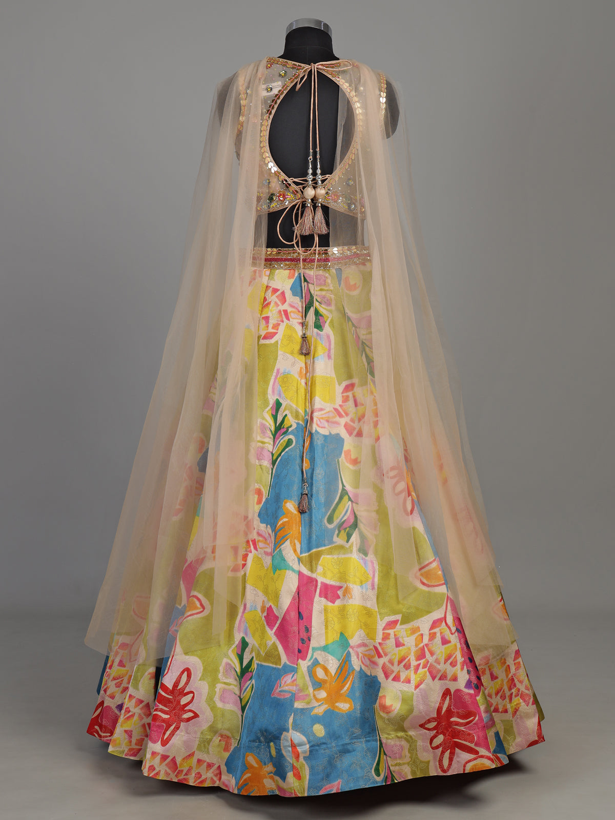 Multicolour silk floral lehenga choli with mirror and pearl detailing
