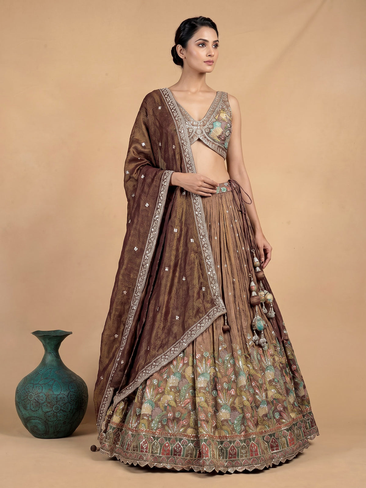 Pastel brown silk floral printed lehenga choli with mirror embellishments