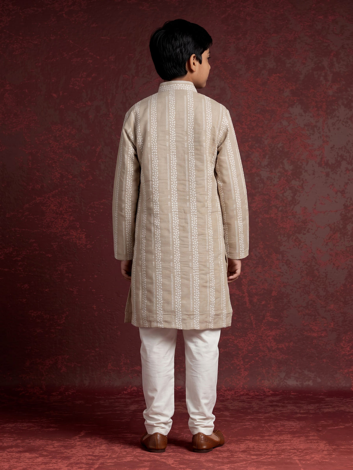 Oatmeal beige cotton silk boys kurta suit with botanical embroidery