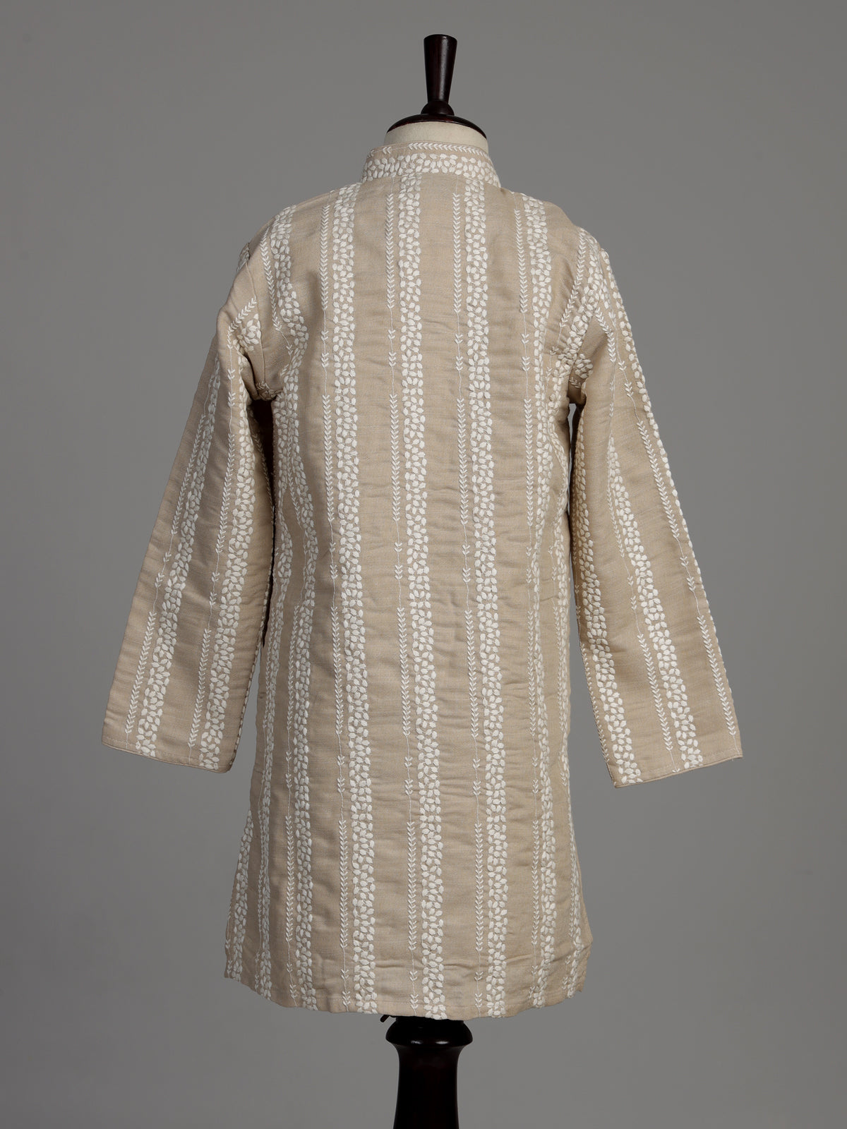 Oatmeal beige cotton silk boys kurta suit with botanical embroidery