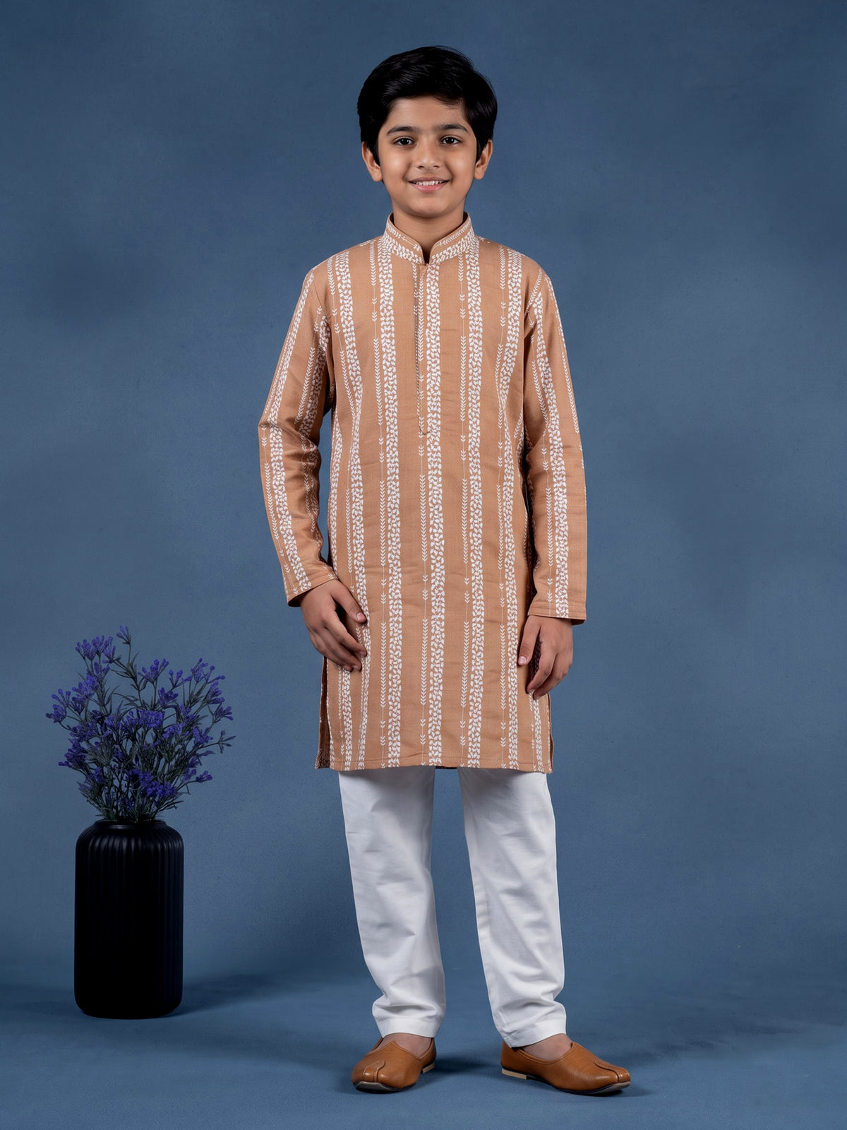 Peach cotton silk boys kurta suit with elegant white threadwork