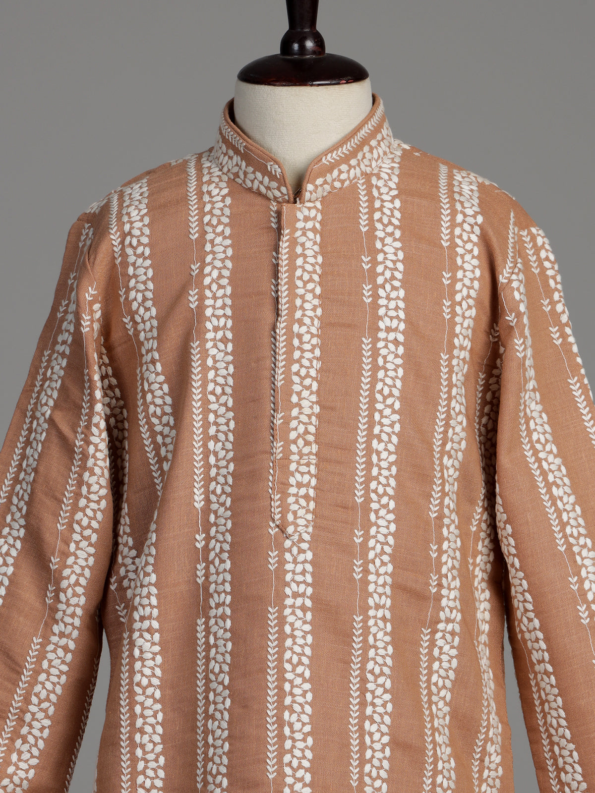 Peach cotton silk boys kurta suit with elegant white threadwork