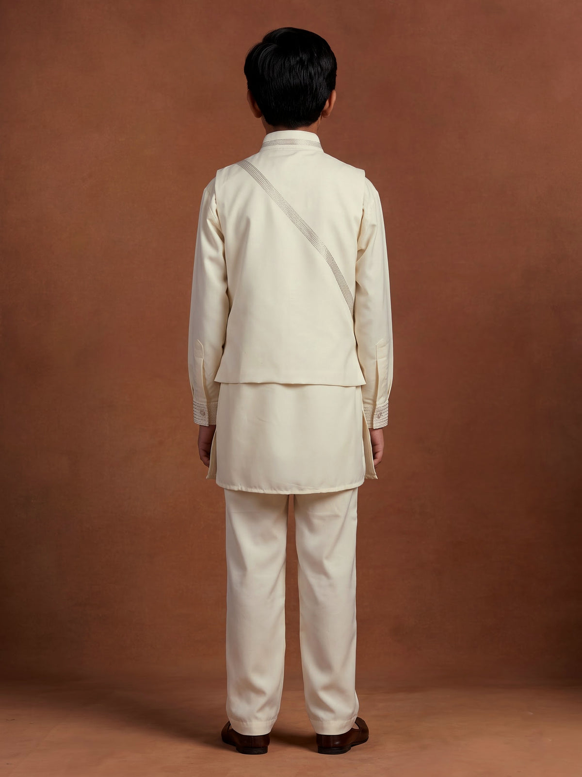 Cream silk blend boys waistcoat set with metallic geometric embroidery